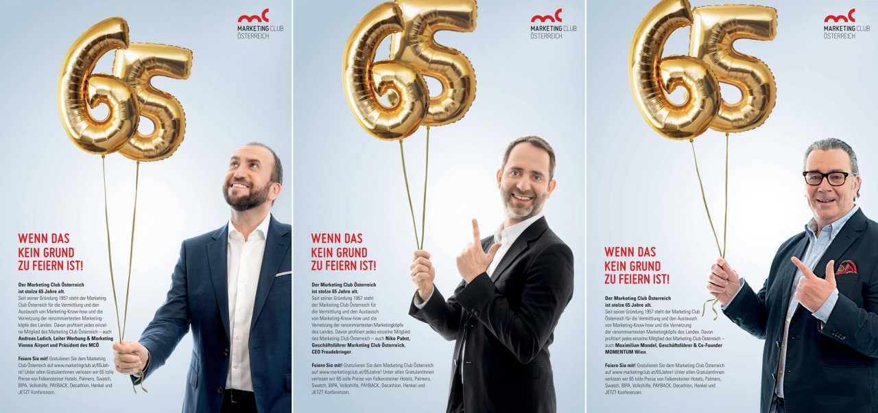 Auch Andreas Ladich, Präsident Marketing Club Österreich, Niko Pabst, Geschäftsführer Marketing Club Österreich und Maximilian Mondel, Vorstand Marketing Club Österreich und Kampagneninitiator standen als Testimonials für die Jubiläumskampagne des Marketing Club Österreich zur Verfügung
