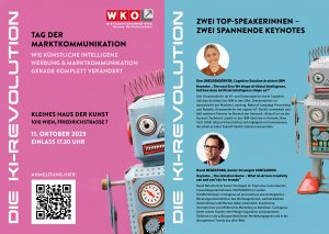 Im Mittelpunkt des Tages der Marktkommunikation der Fachgruppe Werbung und Marktkommunikation Wien am 11. Oktober 2023 in Wien stehen der Megatrend Künstliche Intelligenz und zwei Keynotes der beiden Top-SpeakerInnen Kim Dressendörfer (IBM, New York) und David Beresford (Contagious, London).